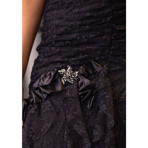 Jessica McClintock‎ Dress Size 10 Black Vintage 80s Lace Strapless Maxi Broach - Picture 5 of 11